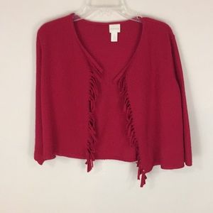 Chico’s Red Wool Open Front Fringed  Cropped Cardigan Jacket Size 1 (8)